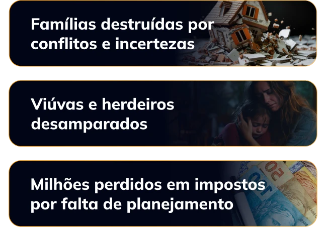Famílias destruídas por conflitos · Viúvas e herdeiros desamparados · Milhões perdidos em impostos